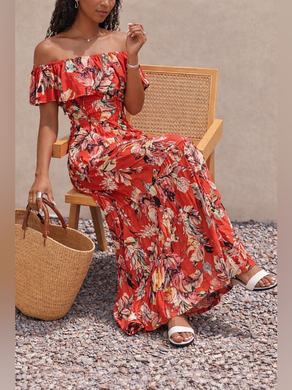 Red Floral Maxi Dress Slit Both Sides Boho Summer Size L (Fits M/L)